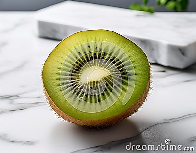 A kiwi sliced down the middle showing its intricate seed pattern, placed on a white marble block Stock Photo