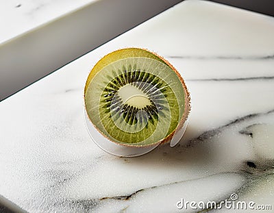 A kiwi sliced down the middle showing its intricate seed pattern, placed on a white marble block Stock Photo
