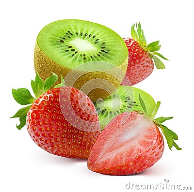 Kiwi slices and fresh strawberry on white background Stock Photo