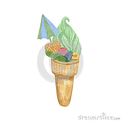 Kiwi soft Italian ice cream in a waffle cone with dessert additionals fruit waffle cocktail umbrella decor, watercolor isolated Cartoon Illustration