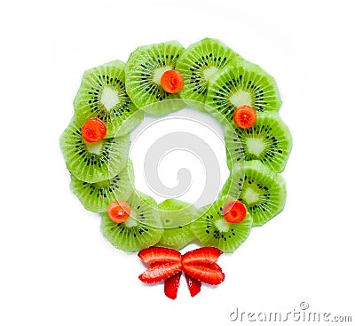 Kiwi strawberry Christmas wreath isolated on white Stock Photo
