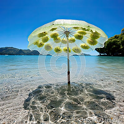 Kiwi styled umbrella in a beautiful blue beach Stock Photo