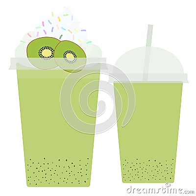 Kiwi Take-out smoothie transparent plastic cup with straw and whipped cream. Isolated on white background. Vector Vector Illustration