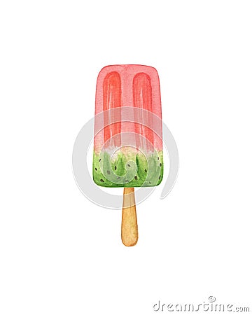 Kiwi and watermelon ice cream popsicle fruity frozen juice on a wooden stick watercolor food illustration, sweet simple dessert Cartoon Illustration