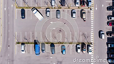 Klaipeda, Lithuania - april 23 2020: Aerial view cars parked in the parking lot near the supermarket. Editorial Stock Photo