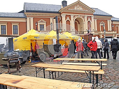 KLAIPEDA, LITHUANIA. Street cafe at the Lithuanian spring festival Kazyukas Editorial Stock Photo