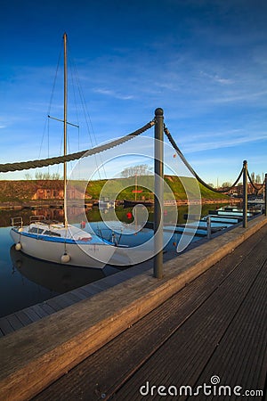 Vertical shot of a yachts port in Klaipeda, Old Town, Lithuania in the morning Editorial Stock Photo