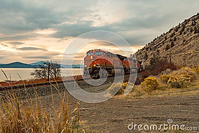 Locomotive of a cargo train passing through Klamath Falls Editorial Stock Photo