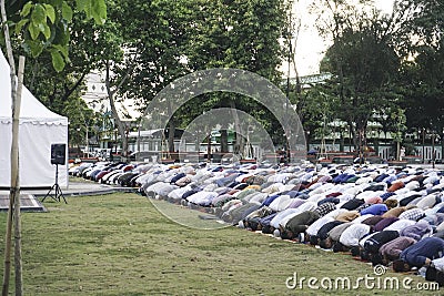 Klaten, Indonesia - June 29 2023: A photo of Muslim congregation praying Eid al-Adha in the field Editorial Stock Photo