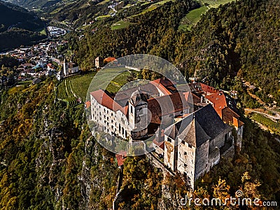 Klausen, Italy - Aerial view of the SÃ¤ben Abbey Monastero di Sabiona with Chiusa Klausen comune northeast of Bolzano Stock Photo