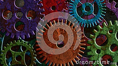 Kleurrijk Rusty Mechanical Gear Parts Rotating en het Bewegen zich op Grunge-Textuurachtergrond vector illustratie Kleurrijk Rusty Mechanical Gear Parts Rotating en het Bewegen zich op Grunge-Textuurachtergrond vector illustratie