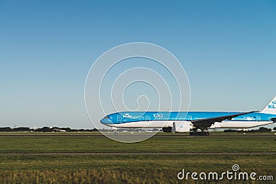 KLM airplane is ready to take off from the runway, Boeing 787-9, KLM royal dutch airlines, runway Polderbaan Editorial Stock Photo
