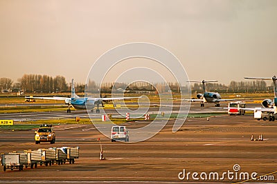 KLM company airplanes warming up engines ready for takeoff Editorial Stock Photo