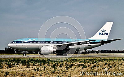 KLM A310 landing at Bologna Guglielmo Marconi Airport , , ItalyBLQ LIPE on July 7 , 1993. Editorial Stock Photo