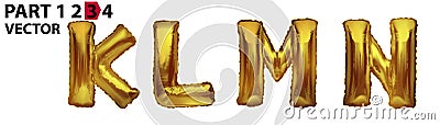 KLMN gold foil letter balloons on white background. Golden alphabet balloon logotype, icon. Metallic Gold KLMN Balloons. Text for Vector Illustration