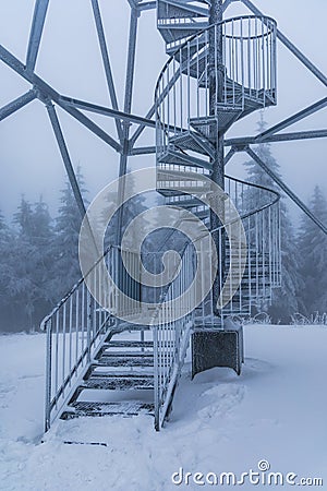 Metal construction of spiral stairs of viewing tower on top of Klodzka mountain Editorial Stock Photo