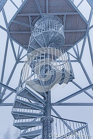 Metal construction of spiral stairs of viewing tower on top of Klodzka mountain Editorial Stock Photo