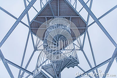 Metal construction of spiral stairs of viewing tower on top of Klodzka mountain Editorial Stock Photo
