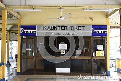 Kluang train tickets and customer services counter at Kluang KTM Train Station in Johor Editorial Stock Photo