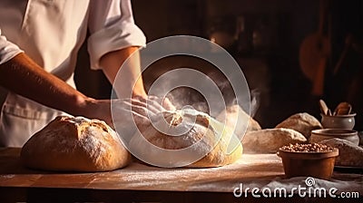 knead dough food chef cook hands pastry baker flour kitchen. Generative AI. Stock Photo