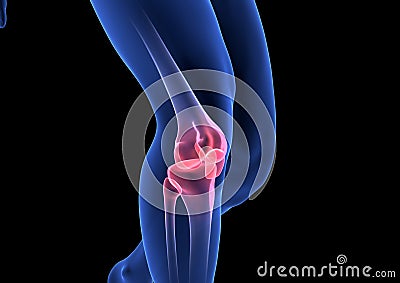 Knee Pain. Blue Human Anatomy Body 3D render on black background Stock Photo