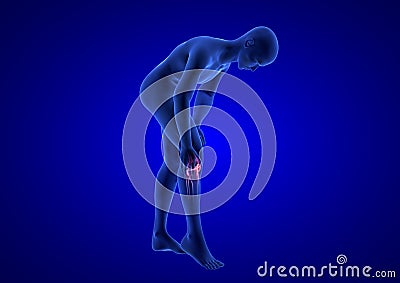 Knee Pain. Blue Human Anatomy Body 3D render on blue background Stock Photo