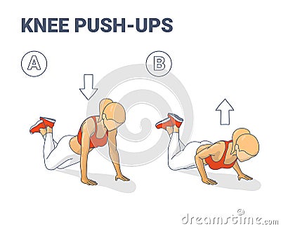 Knee Push-Ups Female Home Workout Exercise Guidance Illustration. Girl Working on Her Triceps Vector Illustration