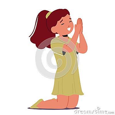 Kneeling Little Girl With Folded Hands, Eyes Closed, Deep In Prayer, A Picture Of Faith And Purity. Innocent Child Vector Illustration