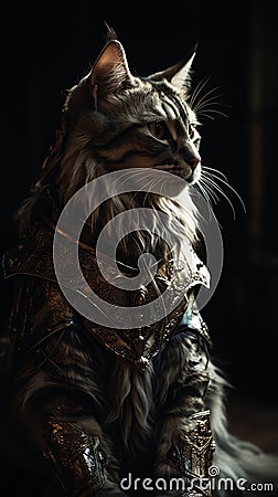 kneeling mainecoon knight split screen portrait generative AI Stock Photo