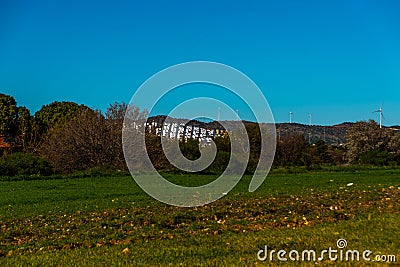 KNIDOS, DATCA, TURKEY: Landscape with a view of windmills. The place where the ancient city of Knidos was. Stock Photo