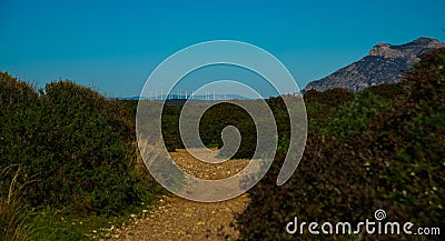 KNIDOS, DATCA, TURKEY: Landscape with a view of windmills. The landscape where the ancient city of Knidos was. Stock Photo