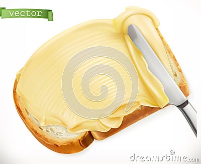 Knife and butter on bread. 3d vector icon Vector Illustration