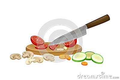 Knife Chopping Vegetables on Cutting Board for Chinese Noodle Preparation Vector Illustration Vector Illustration