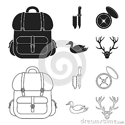 Knife with a cover, a duck, a deer horn, a compass with a lid.Hunting set collection icons in black,outline style vector Vector Illustration