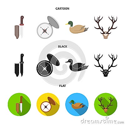 Knife with a cover, a duck, a deer horn, a compass with a lid.Hunting set collection icons in cartoon,black,flat style Vector Illustration