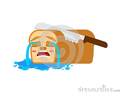 Knife cuts bread and cries. It hurts loaf of bread and piece Vector Illustration