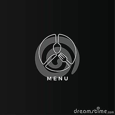 Knife, fork and spoon contour icon. Restaurant lineart logo template. Outline round graphic for menu. Modern emblem idea Cartoon Illustration