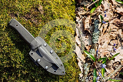 Knife with the plastic kydex sheath in the forest background Stock Photo