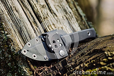 Knife with the plastic kydex sheath in the forest background Stock Photo