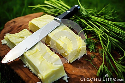 knifes slicing through grass-fed butter stick Stock Photo