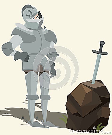 Knight in armour looking at sword in stone vector cartoon Vector Illustration