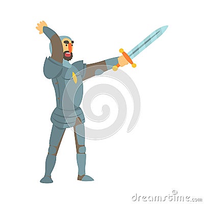 Knight Attacking With Full Body Armor And Sword Fairy Tale Cartoon Childish Character Vector Illustration