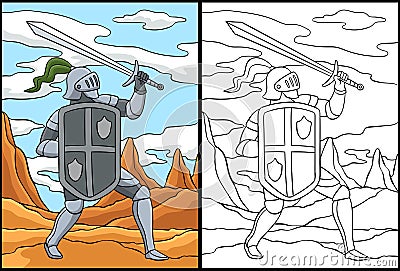 Knight Attacking Pose Coloring Page Illustration Vector Illustration