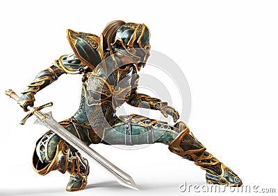 Knight captain female posing with her sword in a fighters combat stance on an isolated white background. Stock Photo