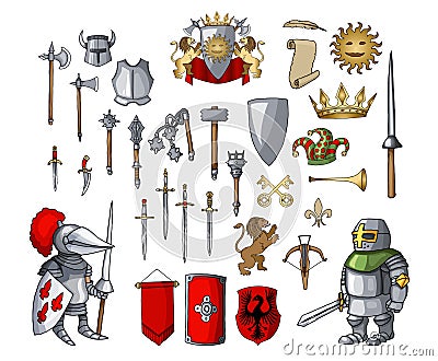 Knight cartoon character with different game medieval weapons elements set Vector Illustration