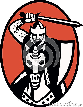 Knight Crusader With Sword Riding Horse Retro Vector Illustration