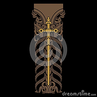 Knight Design. Battle sword of a crusader knight in floral ornamentation Vector Illustration