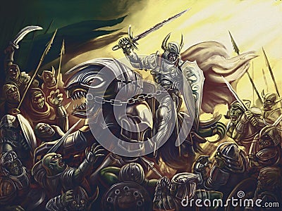 A knight on a dragon against an army of demons Stock Photo