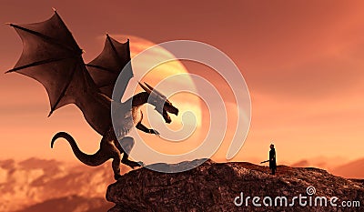 Knight and the Dragon Cartoon Illustration