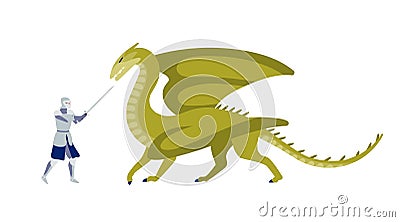 Knight fighting with dragon flat vector illustration. Brave warrior with sword struggling with monster cartoon character Vector Illustration